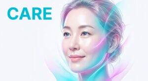 리프팅 시술 후 평온한 표정을 짓고 있는 여성과 수분 탄력을 형상화한 비주얼